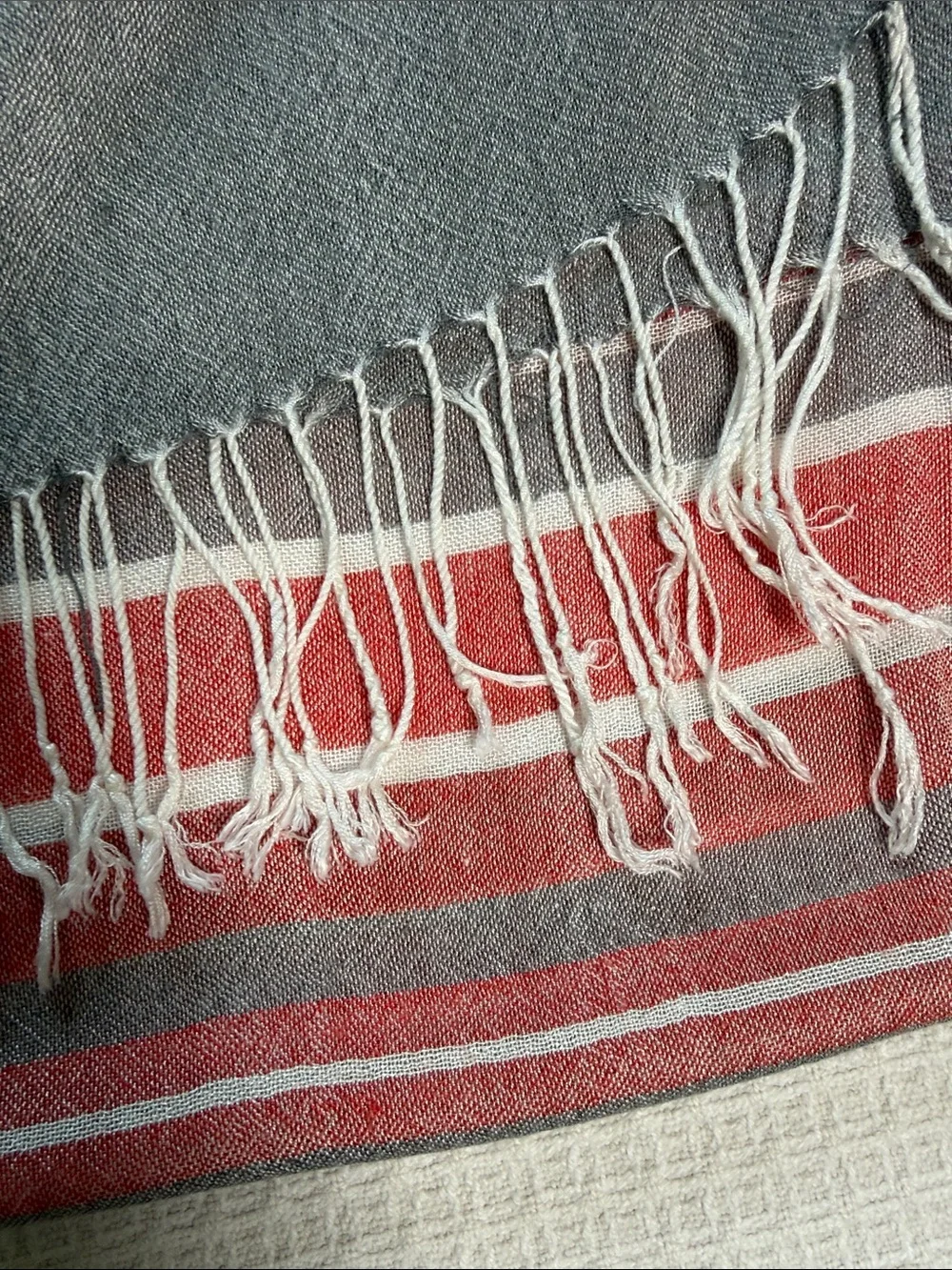 Striped cotton scarf gray, red, and white with fringe beachy, coastal, preppy